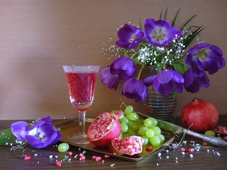 Tulips - flowers, wine, fruits, vase, purple flowers, beautiful, photography, pomegranate, colors, lovely, still life, tulip, grapes, colorful, tulips, nature, knife, glass