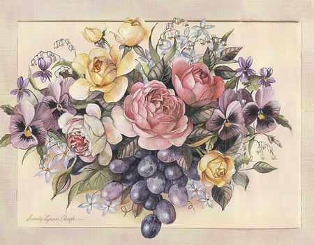 Victorian Art - flowers, grapes, roses, painting, peonies, pansies