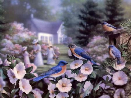 Beautiful Spring Day - bird house, blossoms, trees, bushels, daughters, house, blue birds, mom