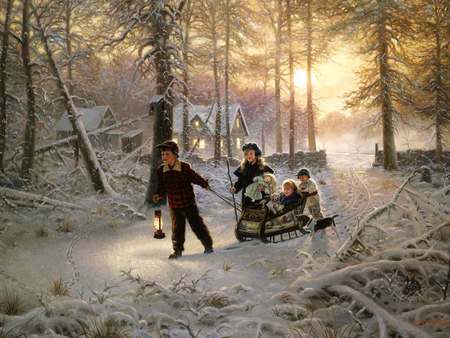 though the woods - snow, kids, sled, woods