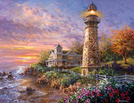 Homecoming - white fence, lighthouse, beach, trees, water, flowers, two-story house, rocks