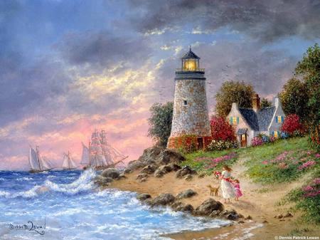 Home at Last - clouds, house, trees, birds, water, people, lighthouse, dog, grass, flowers, boats, rocks