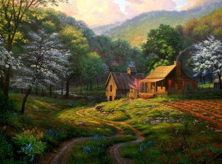 country blessings - pretty, blossoms, sunny, summer, cabin, creek, stream, grass, meadow, spring, mountain, calmness, flowers, path, countryside, field, nice, place, cottage, house, blooms, trees, beautiful, lovely, blooming, river, rays, green, painting, country, peaceful, rural