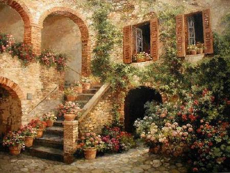 Garden Leading Up - brick, windows, steps, arches, vines, bushes, flower pots