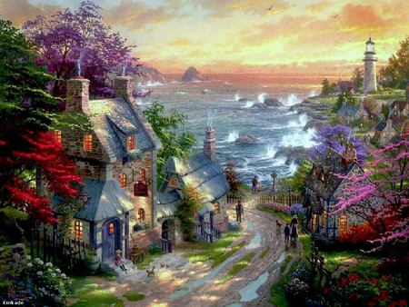 Sea Villiage - beauty, sky, people, trees, water, chimney, light house, dog, house, lighthouse, cat, smoke, waves, village, dirt road, steps, flowers, sea