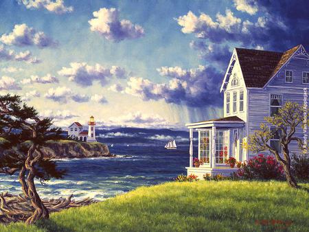 Admiralty Lighthouse - clouds, house, water, lighthouse, grass, sailboats, tree, flowers, flower pots, porch, rain