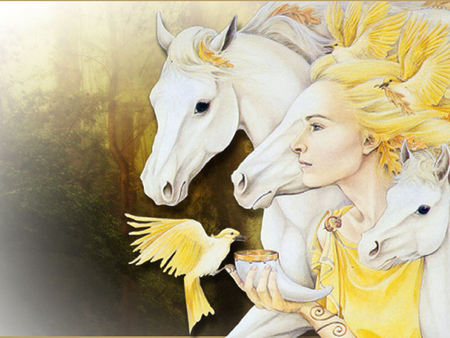 Fantastica - pony, yellow, goddess, bird, white horse