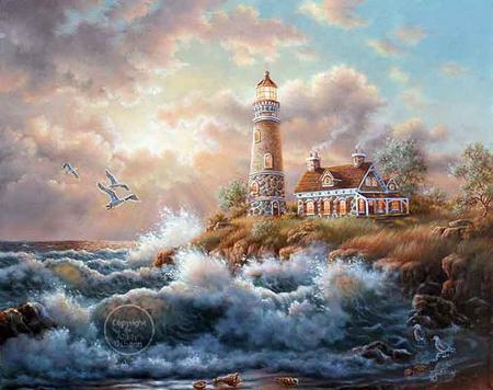 Waves Crashing - clouds, house, trees, water, lighthouse, grass, seagulls, cliff, crashing waves, sky, rocks