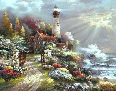 Coastal Splendor Lighthouse - lighthouse, pelican, crashing waves, rocks, flowers, sun raise, dirt road, clouds, house, trees