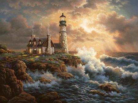 Lighting the Course - clouds, house, water, lighthouse, grass, chimneys, cliff, crashing waves, smoke, sun raise, walkway, rocks