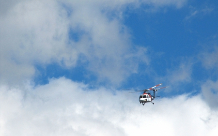 To the Rescue - clouds, canadian, recue, blue, helicopter, sky