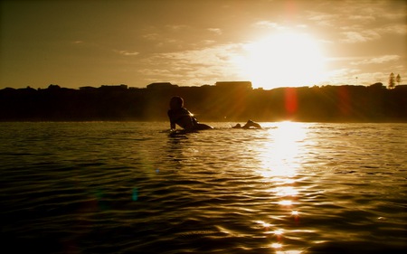 Summers Love - beach, houses, surfer, golden, sunset