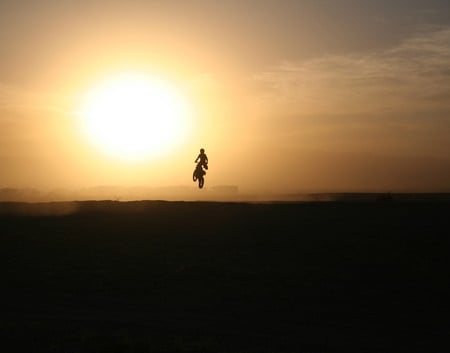 Into the Sunset - jumps, sky, sunset, motorcycle