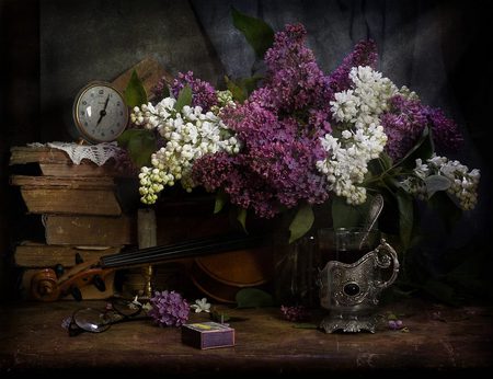 still life - drink, candle, photography, tea, still life, cup, flower bouquet, beautiful, clock, books, violin, flowers, lilac, old, harmony