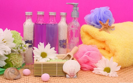 Spa Luxury - sponge, lotion, bath crystals, towel, shells, bubble bath, bottles