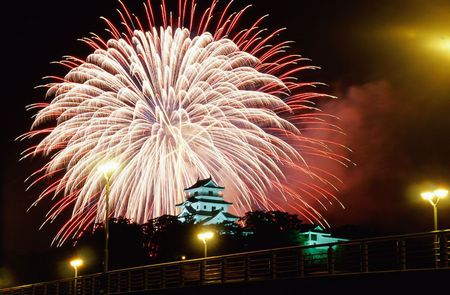 Fireworks Karatsu Castle - japan, night, pagoda, brilliance, fireworks, lights