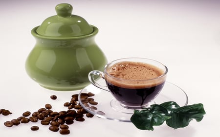 Fresh Coffee - coffee, jar, leaves, beans, froth, saucer, cup