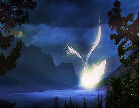 Spirit sky - white spirit, lake, sky, trees, blue, mountains