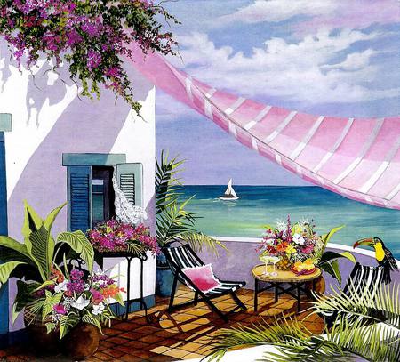 Sea Breeze - villa, painting, boat, table, ocean, chair