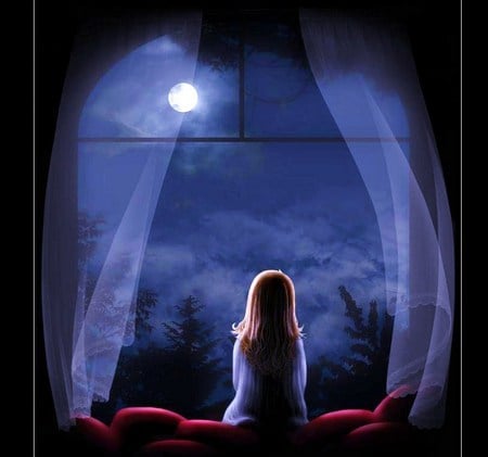 Little dreamer - moon, little girl, window, red cushion, night, long hair, sky