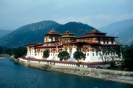 Buddhist Monastery, Bhutan - building, buddhism, monks, mountain, cultural, water, religious