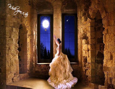 Wish upon a star - yellow dress, moon, stone, windows, night sky, stars, castle