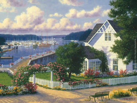 Harbor - boats, house, fence, ocean