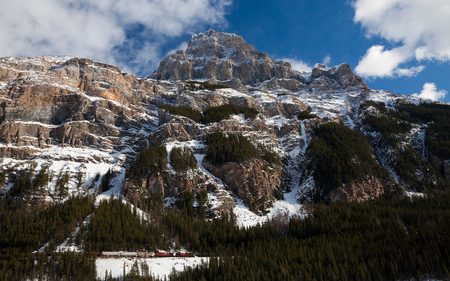 Yoho National Park - train, sky, mountain, forest, clouds, blue, snow