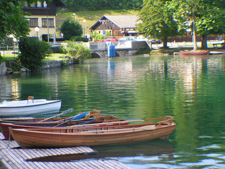 Bled, Slovenia - homes, trees, water, europe, canoes, lake