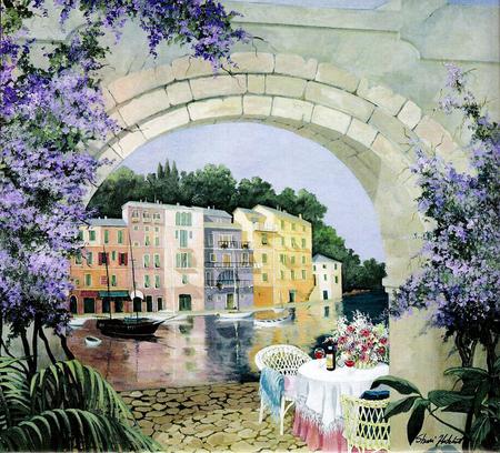 A Beatiful Day - river, table, chairs, flowers, buildings