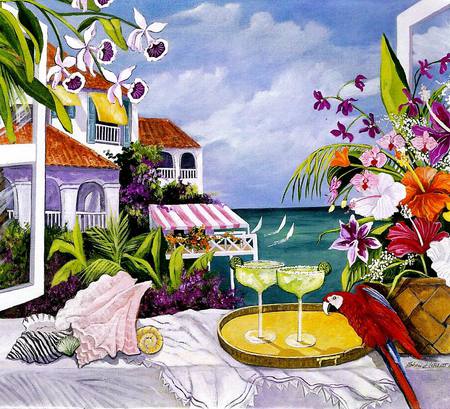 Ocean View Villa - seashells, sky, windows, ocean, flowerbasket, sailboats, bird, villa, flowers, drinks, sea