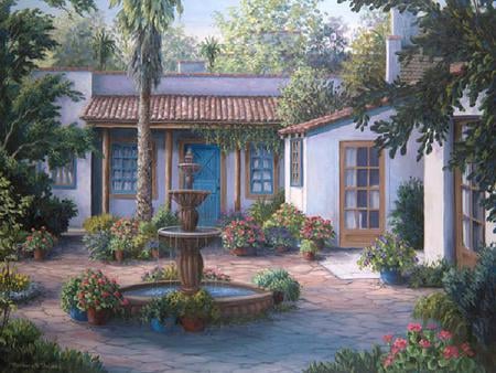 Tucan Courtyard - windows, trees, pots, water, water fountain, courtyard, tuscan, roof, door, flower