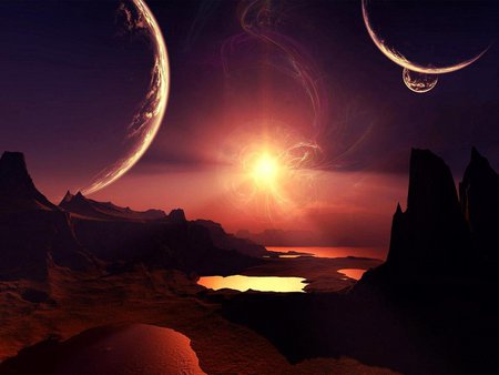 Exotic moons - moon, abstract, sun, 3d, space