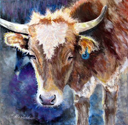 Wait'n For The Ropers - cow, waiting, steer, painting