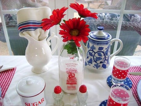 Tea in the sunroom - pitcher, cups, blue and white teapot, bottle, window, sugar bowl, red flowers