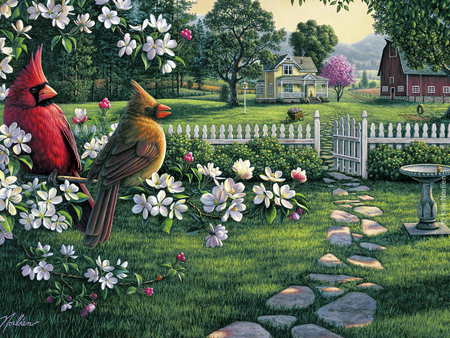 Country Music - fence, art, blossoms, gate, flowers, house, birds