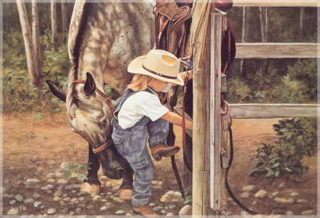 A LEG UP - girl, horse, hat, gate