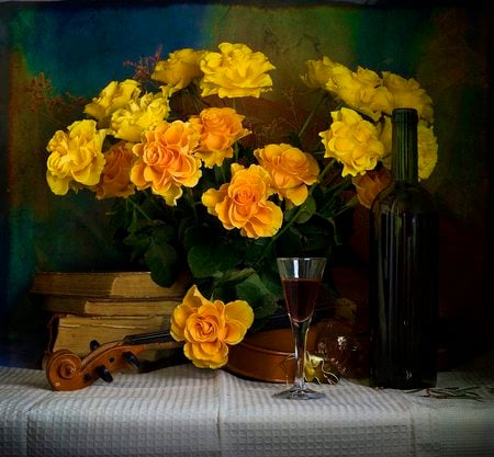 still life - beauty, roses, photography, rose, wine, still life, book, yellow rose, pretty, yellow, romance, bottle, bottle of wine, harmony, glass, lovely, vase, nature, flower bouquet, romantic, beautiful, books, violin, flowers, colors, yellow roses