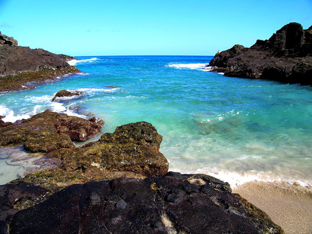 Natural Beauty - foam, blue, green, waves, ocean, sand, rocks, sky