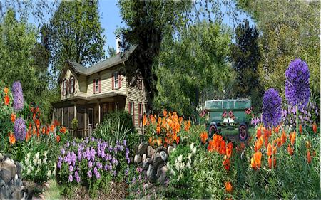 Country garden - trees, machinery, house, flowers, garden, country