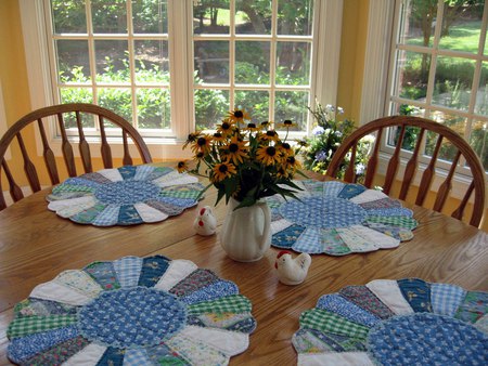 Country table - flowers, wooden, windows, placemats, table, chairs, country