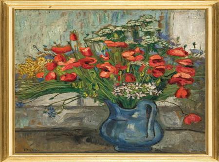 Red poppies - flowers, blue water jug, painting, red poppies