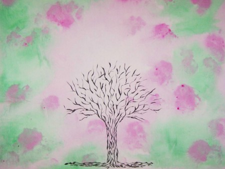 Winter Tree - painting, pink, winter, green, tree, bare