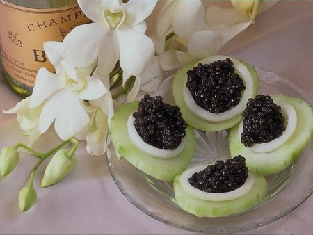 Caviar for Gourmets - eggs, flowers, savoury, plate, champagne, roe, food