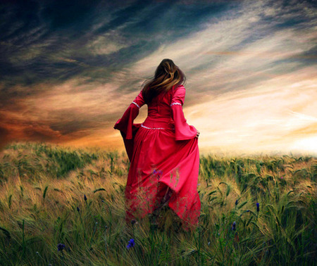 Run!!! - dress, girl, grass, red