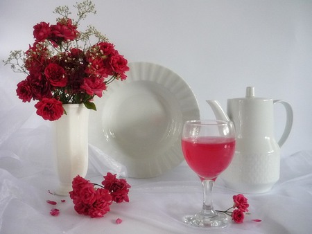 Touch of class - wineglass, wine, still life, vase, white, teapot, ceramics, beautiful, red, flowers, plate