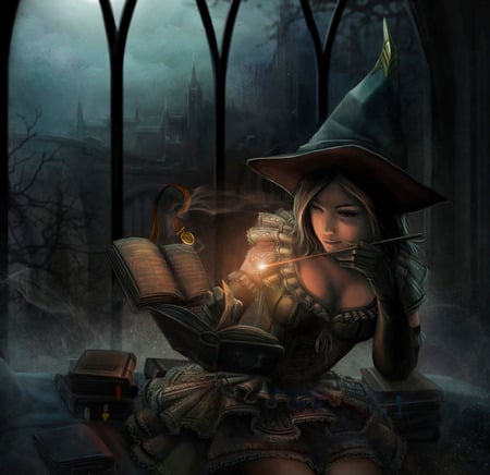 Fantasy - sorceress, magic, book, books, lamp, night, light, dark, color, moon, sorcerer, beautiful, girl, beauty, lovely, witch, spell, fairy, sexy, full moon, wall