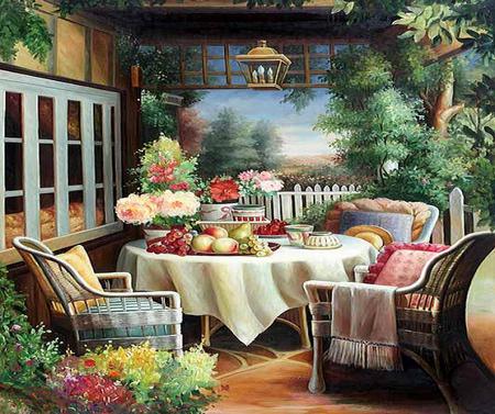 Sunday brunch - trees, tablwcloth, chairs, lantern, window, throw, table, food, patio, house, platter, pillow, fence, fruits, pillows, wicker chairs, fruit, beautiful, flowers, plate, latern