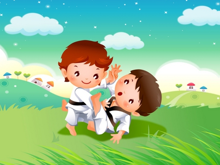 Karate - clouds, children, grass, karate