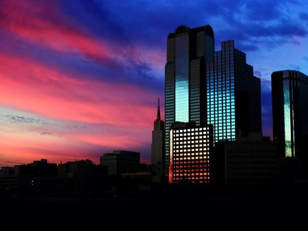 Dallas morn - dawn, blue, lights, skyscrapers, dallas, pink, sky